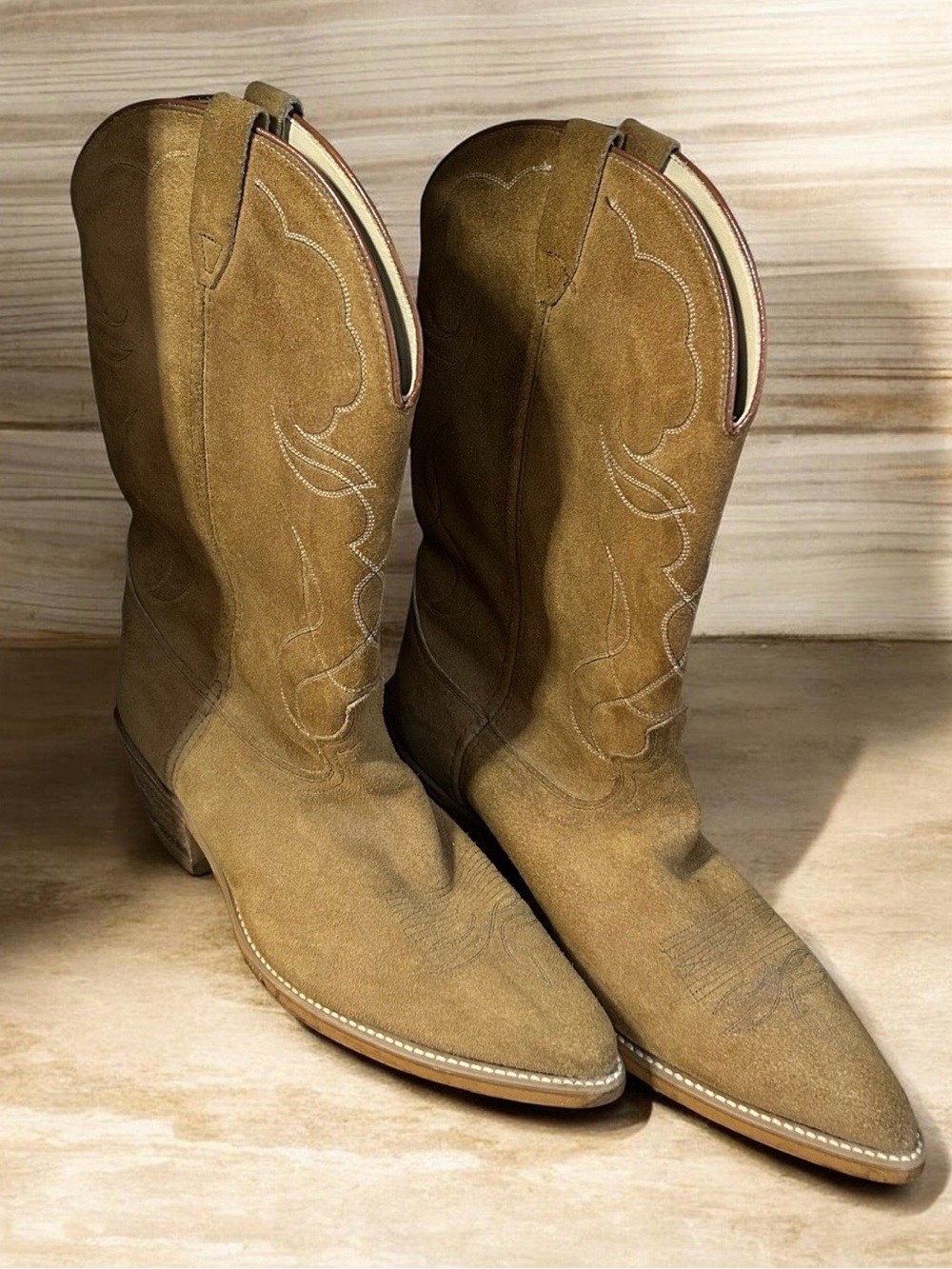 Acme Vintage Suede Cowgirl Boots Tan Camel Womens 12 D Western Pointed Toe Boho